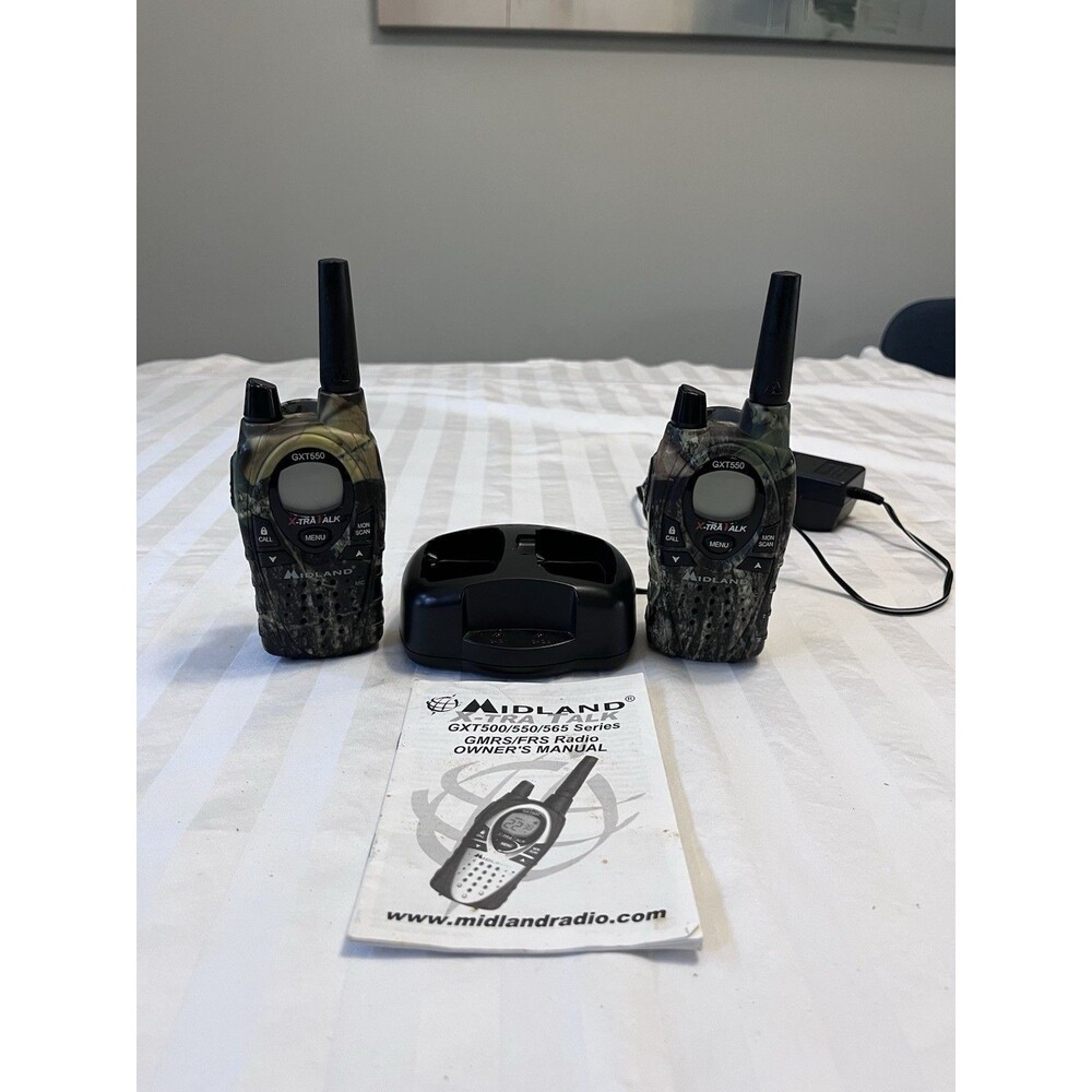 Midland GXT550 Camo Two Way Radios Walkie Talkies Base Charger Manual Set of 2